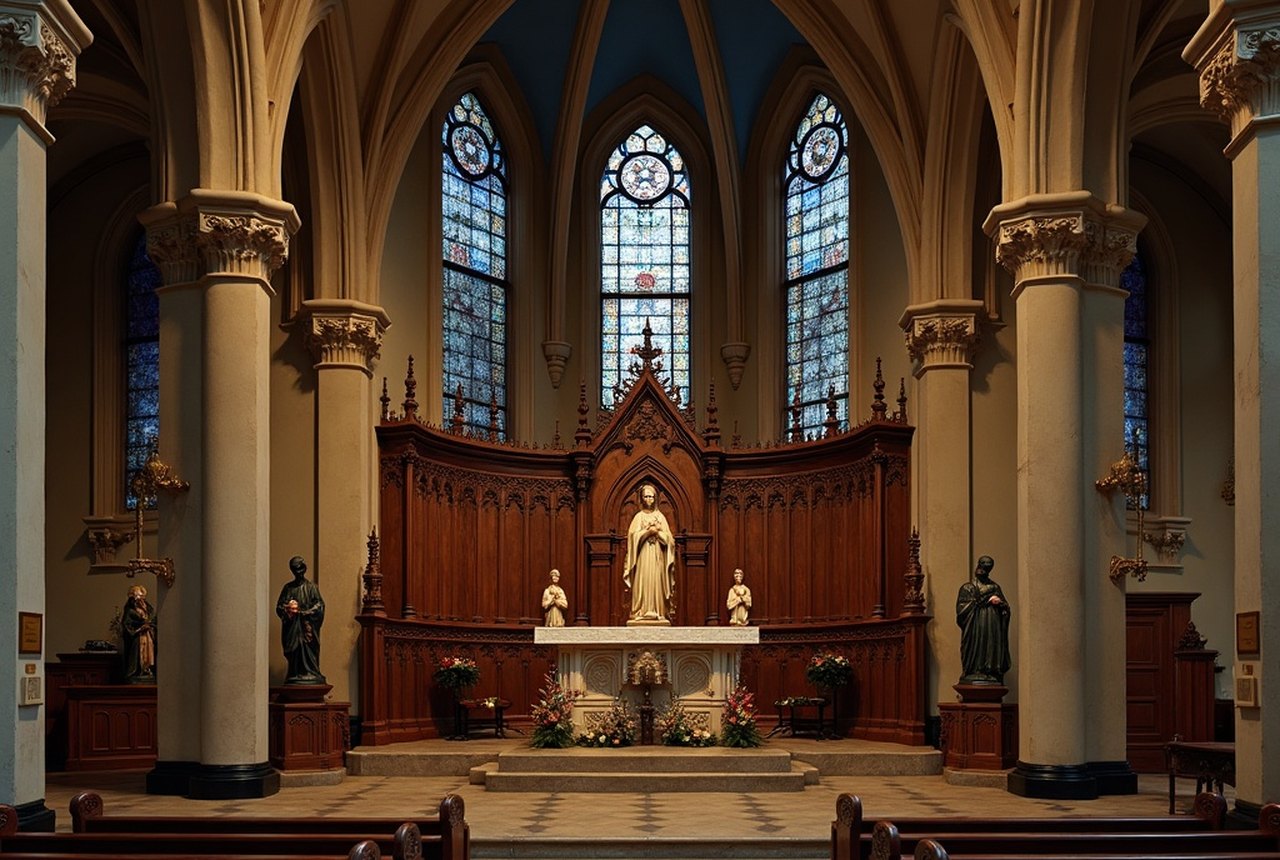 Interior detail: carved wooden altar or devotional statuary in Polish folk style