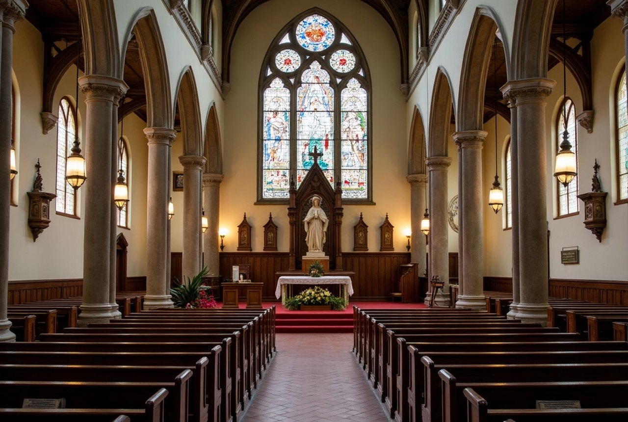Interior detail of polychrome devotional statuary or tiled Marian image in a New Bedford parish