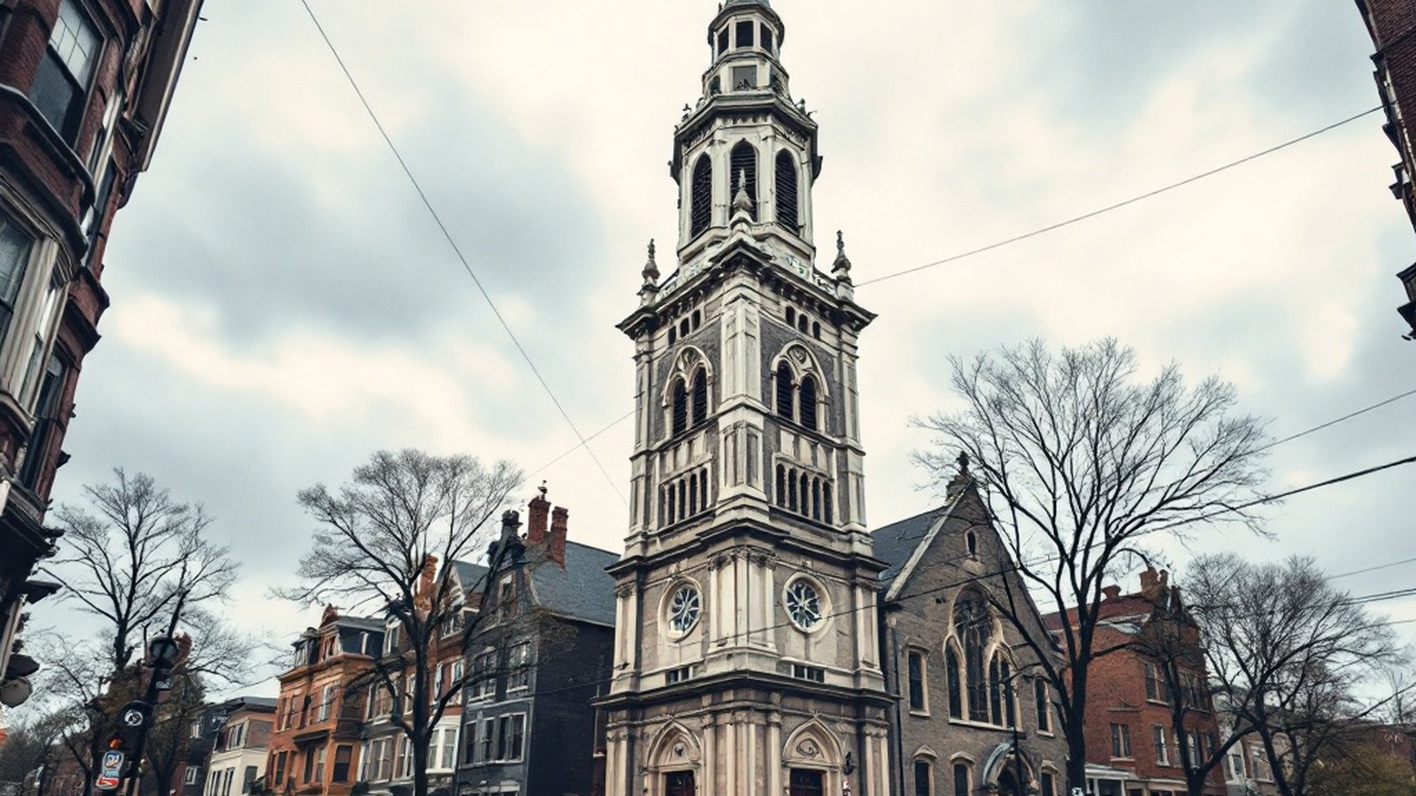 Wide street-level shot of a Gothic Revival church tower rising above three-decker tenements