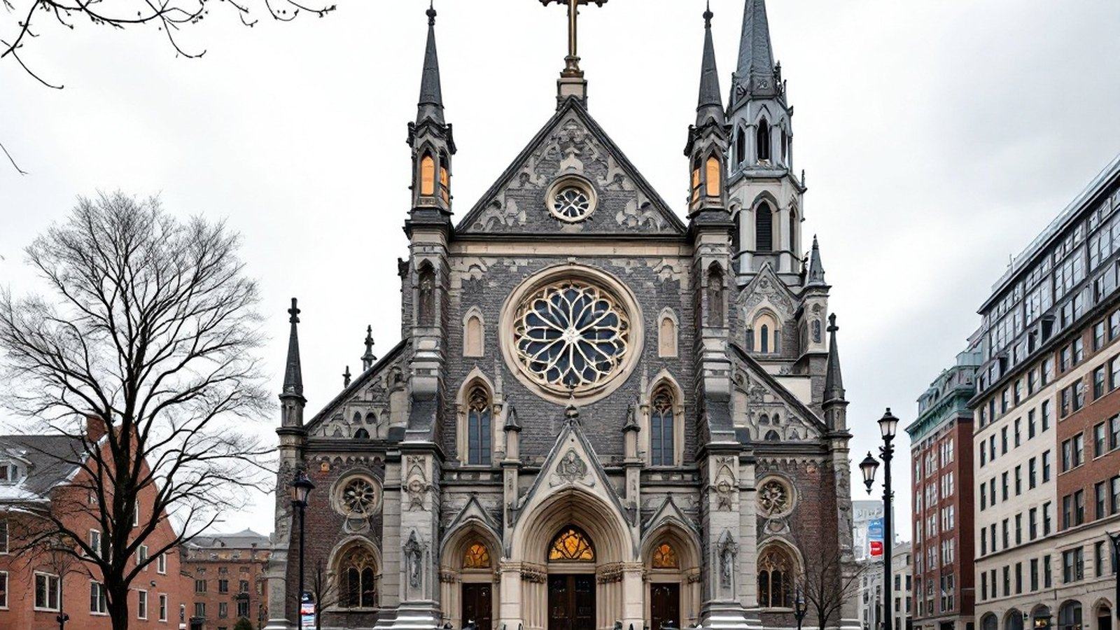 Exterior of Cathedral of the Holy Cross showing full façade and scale