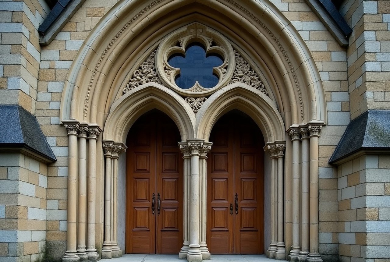 Detail of former parochial school or rectory carved stonework