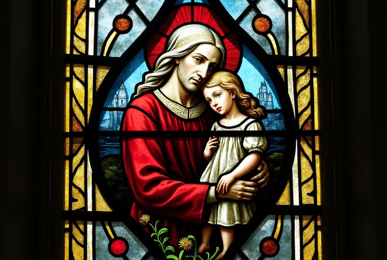 Close detail of a family-themed stained glass panel from a Massachusetts church