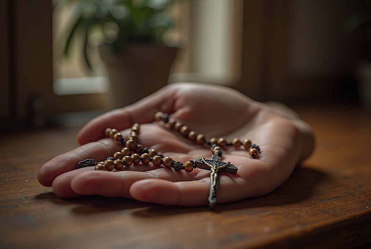 A set of rosary beads on a wooden desk or open hand