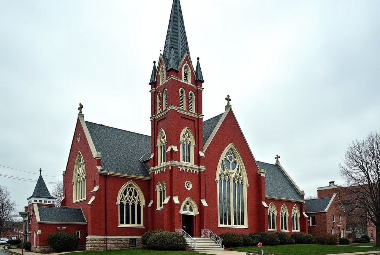 St. Anthony of Padua red sandstone facade and full spire