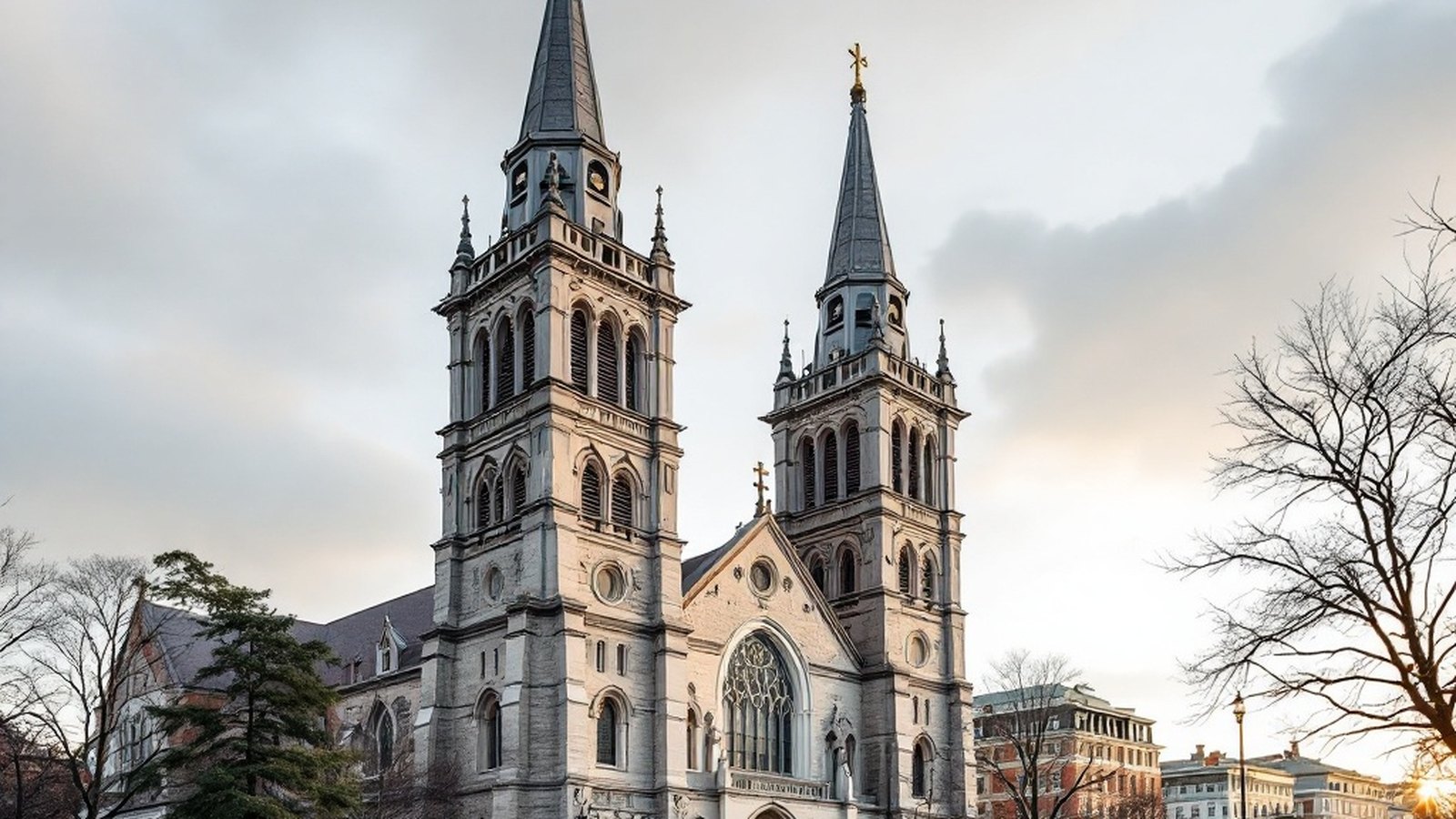 Exterior shot of the twin puddingstone towers from Tremont Street, ideally low-angle morning light