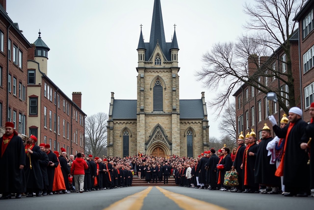 Street-level shot of a festa procession in New Bedford