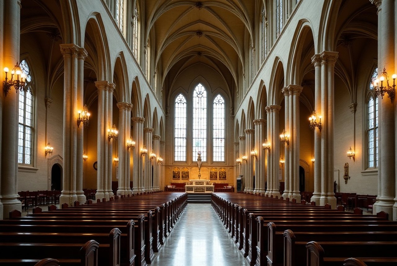 Interior nave of the Cathedral of the Holy Cross looking toward the sanctuary, showing clustered piers and clerestory windows