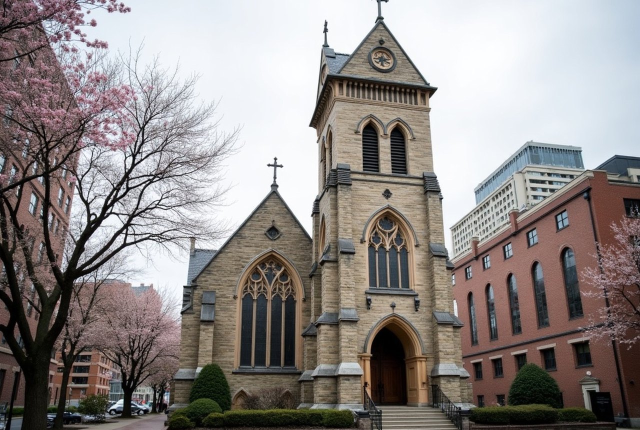 Exterior of Old South Church showing campanile and striped stonework, Copley Square