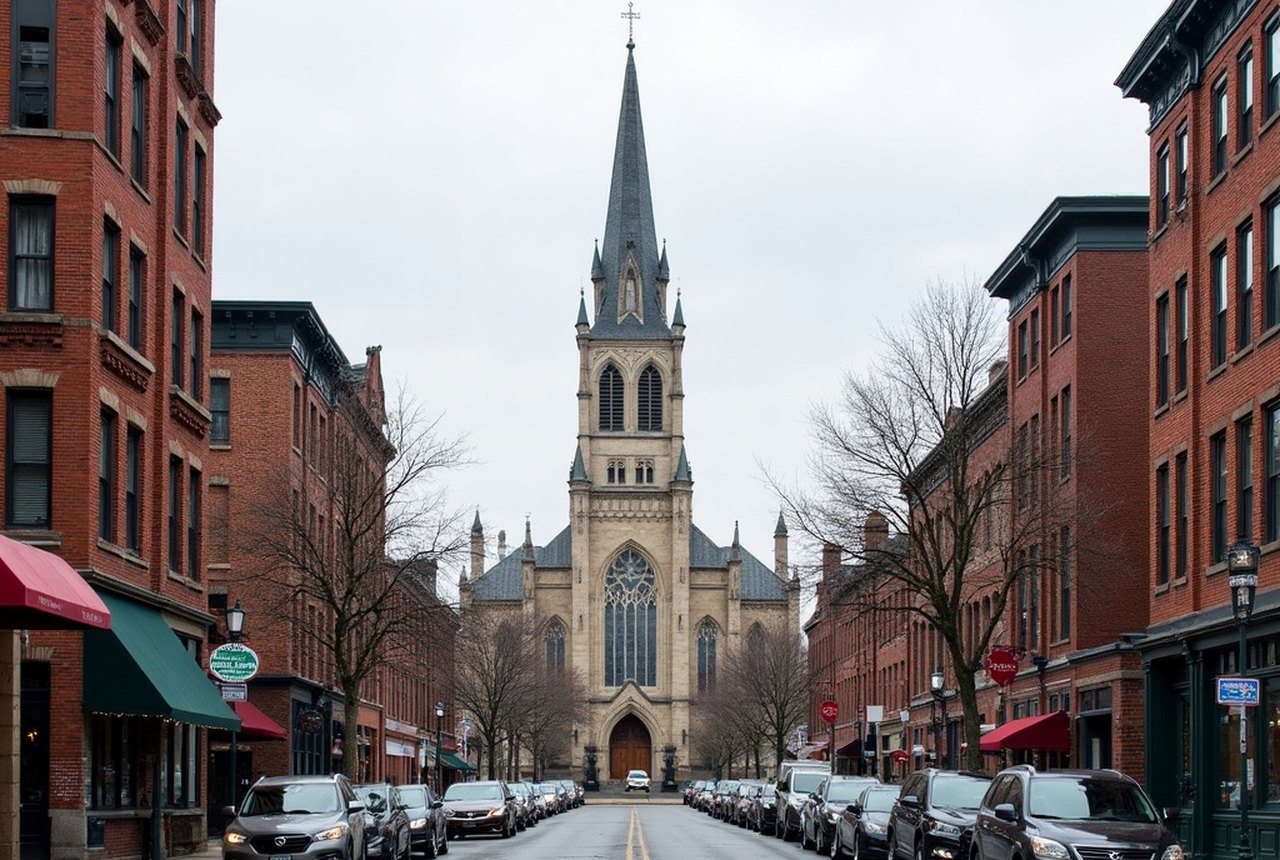 Shrewsbury Street streetscape with Sacred Heart campanile visible