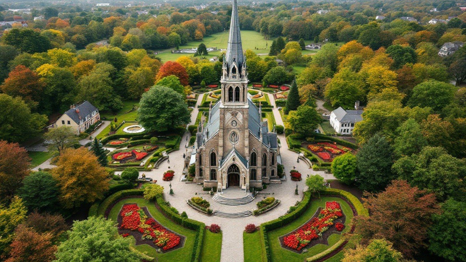 Aerial or wide-angle view of the shrine grounds showing garden layout