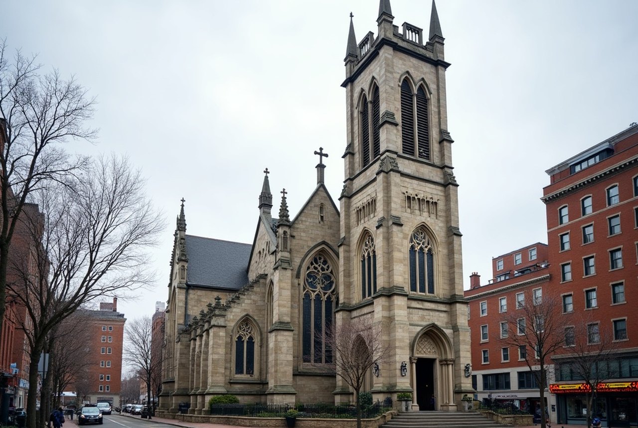 Trinity Church crossing tower and granite banding, Copley Square