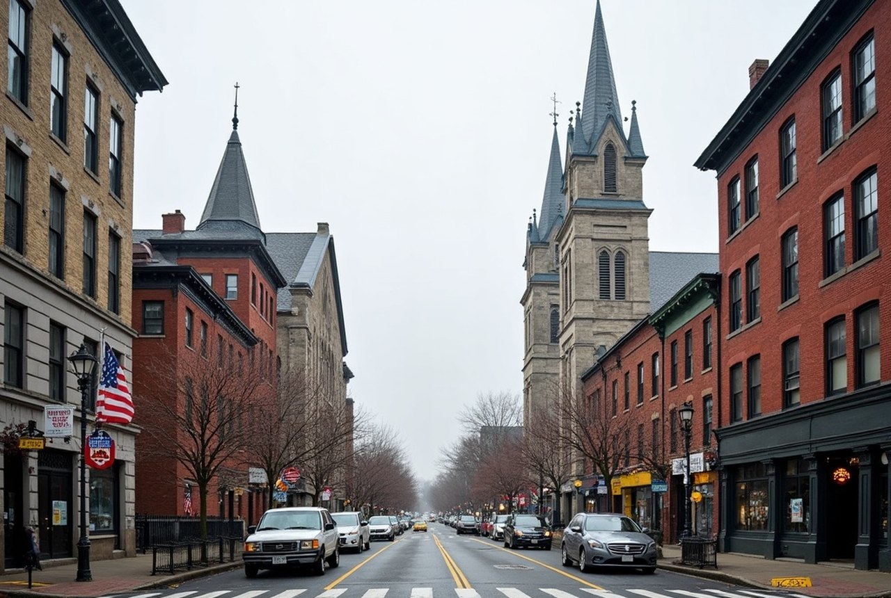 Streetscape of triple-deckers between the two churches
