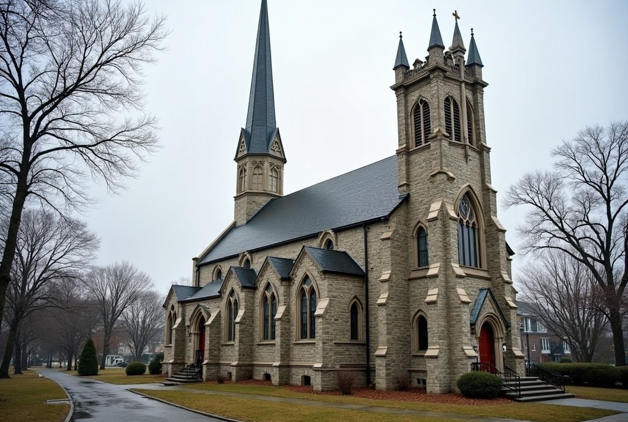 Exterior of an active parish church on a quiet weekday