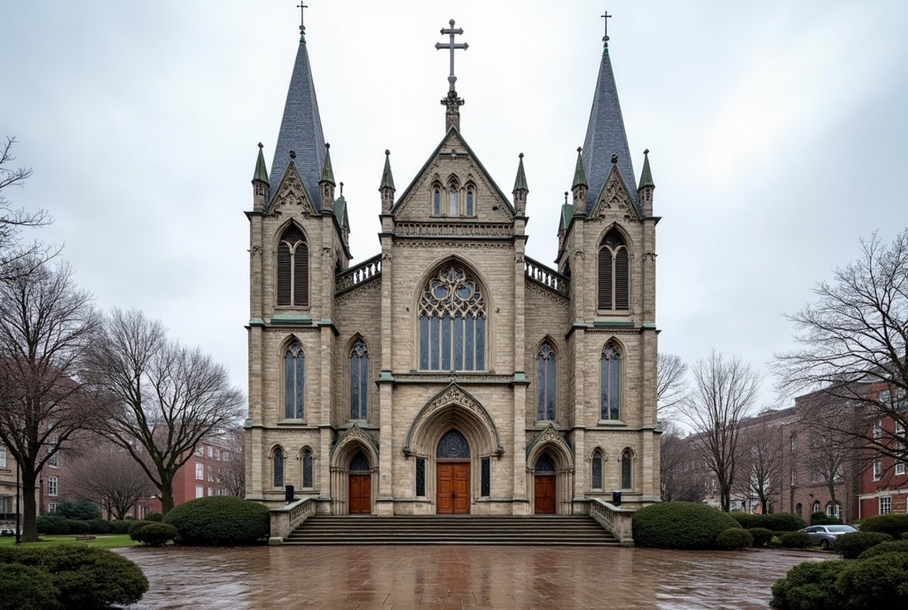 Cathedral of the Holy Cross façade showing the full Gothic Revival exterior