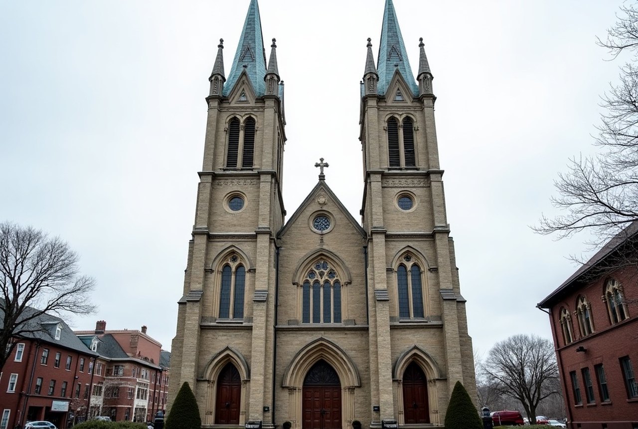 Exterior twin towers of Our Lady of Perpetual Help, Mission Hill