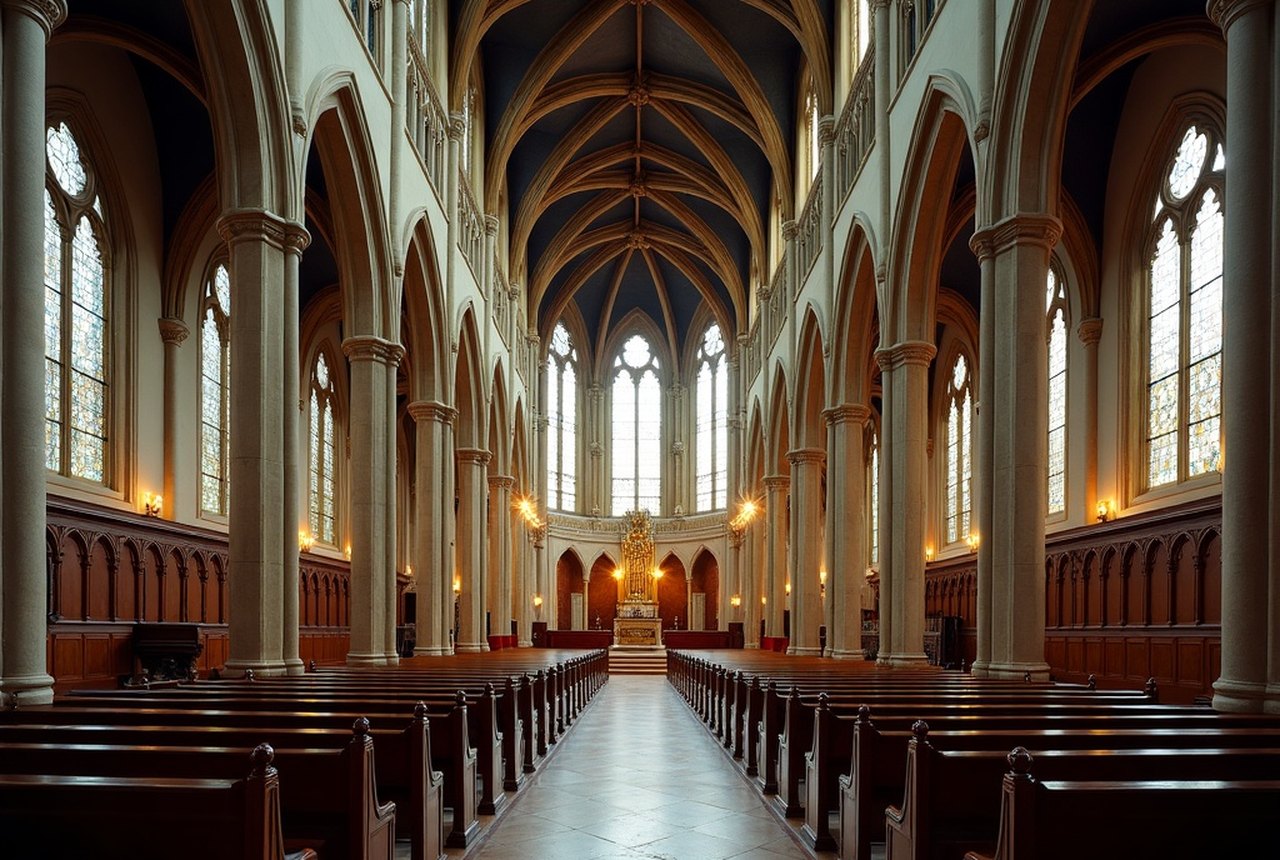 Interior nave looking toward sanctuary, showing clustered piers