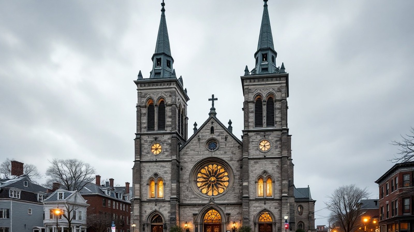 Twin-towered facade of a surviving French-Canadian parish church in Lowell or Fall River