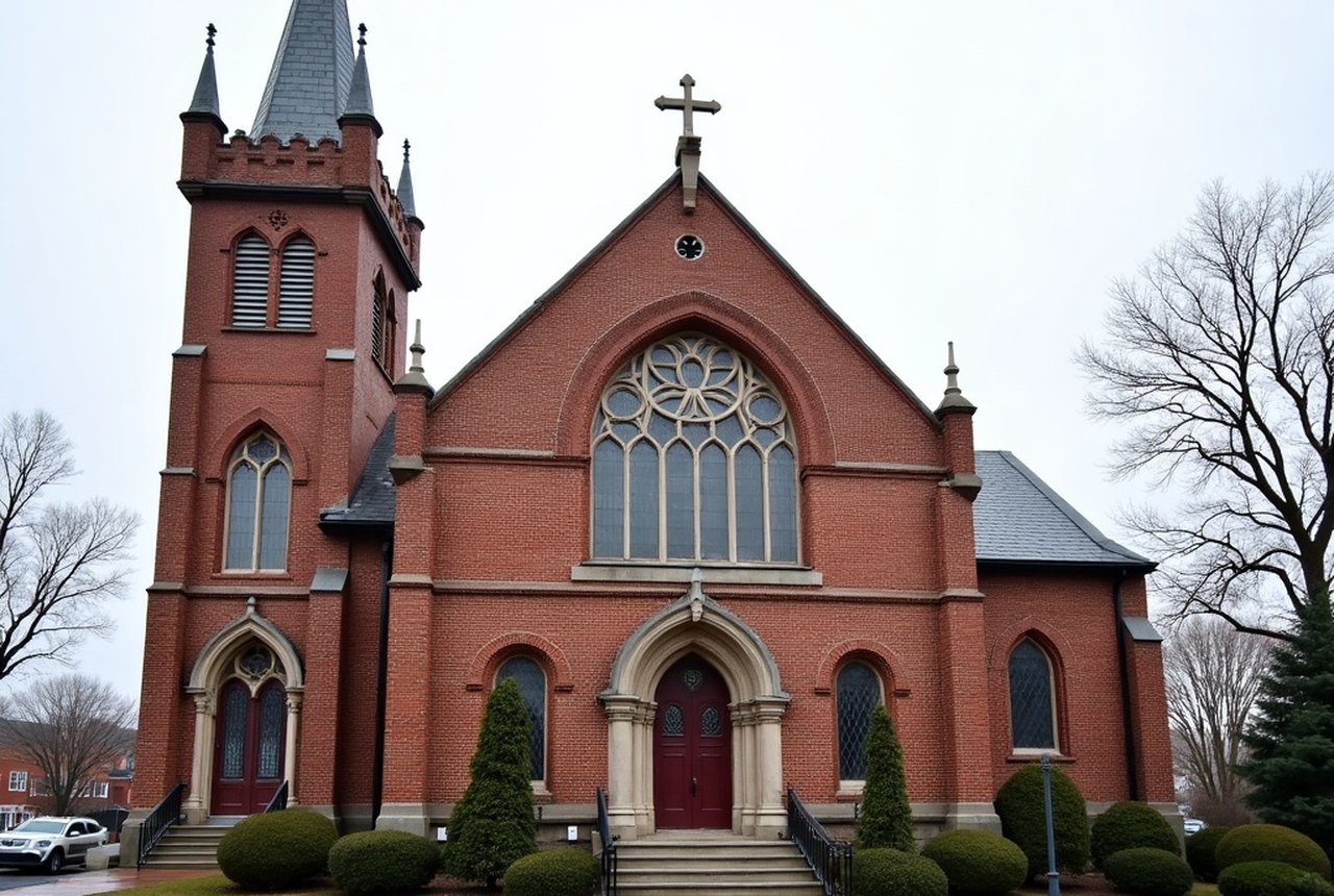 Fall River church facade showing Victorian Gothic brickwork