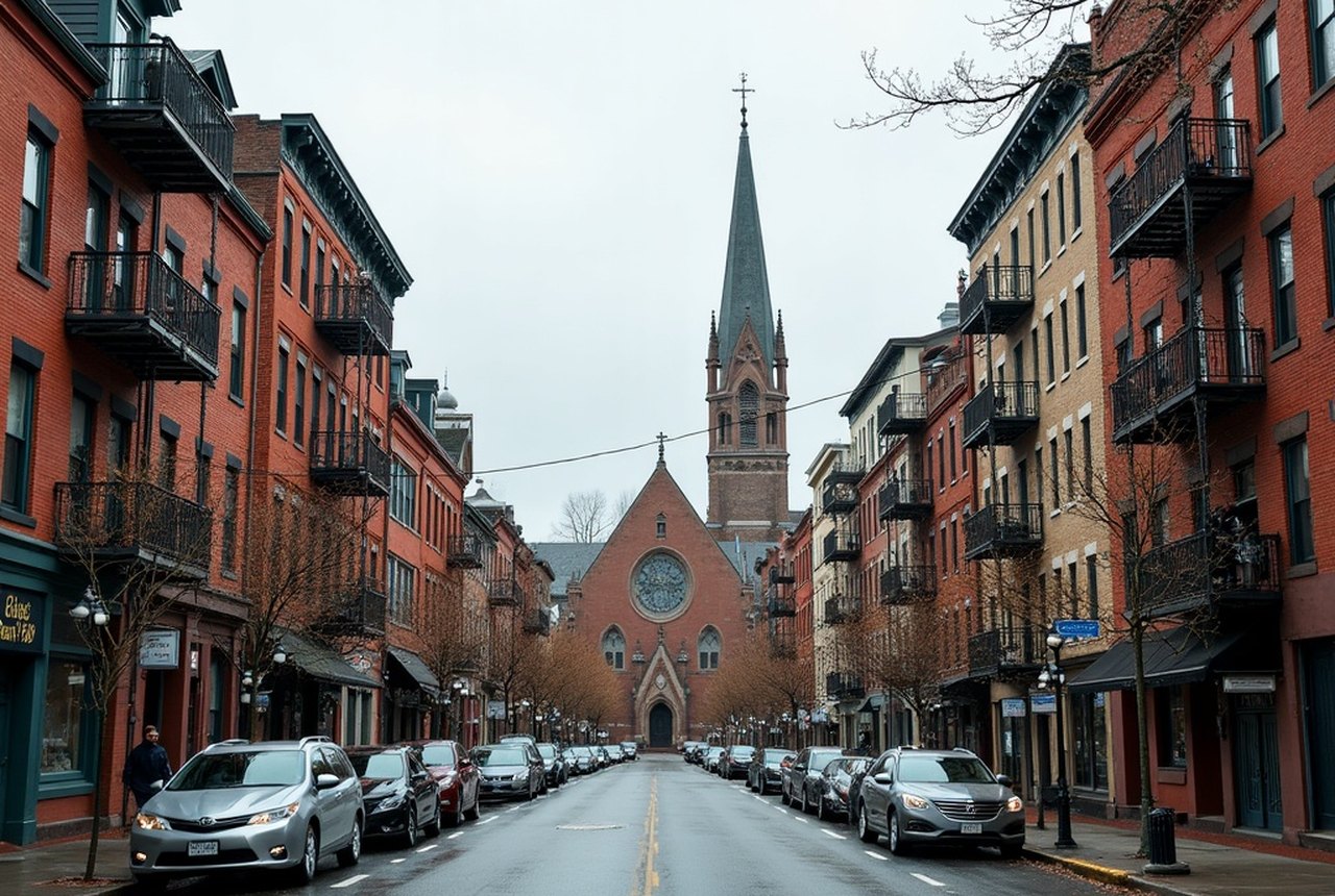 Street-level view of Mission Hill triple-deckers with church architecture visible