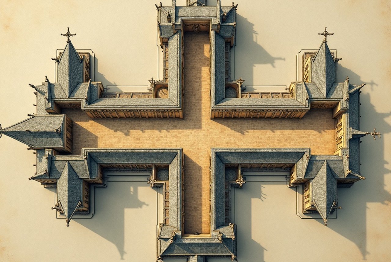 Overhead or plan-view diagram showing cruciform layout (nave, transept, crossing)