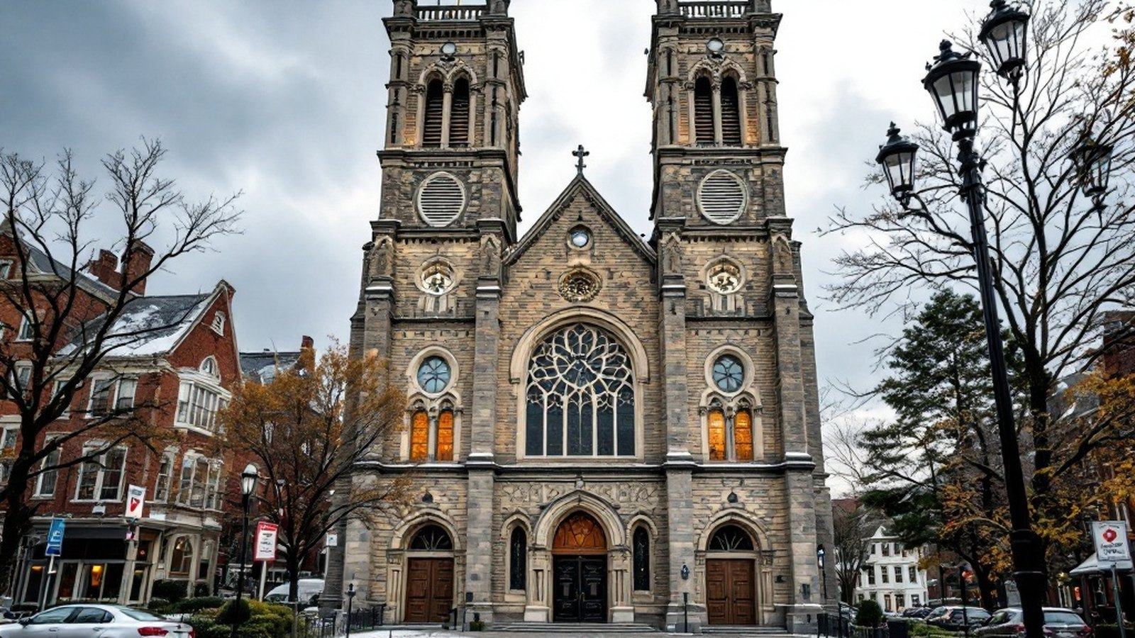 Full exterior shot of the twin-towered façade from Cabot Street